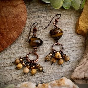 Tigers eye nugget beaded dangle drop earrings